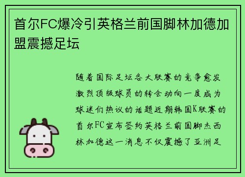 首尔FC爆冷引英格兰前国脚林加德加盟震撼足坛 首尔FC爆冷引英格兰前国脚林加德加盟震撼足坛